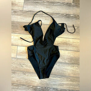 NWOT SHEIN Black Deep V Neck Backless Halter One Piece Sz M